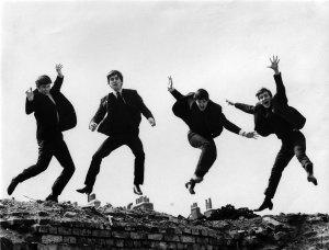 One of my favorite Beatles pictures: jumping jubilantly above the chimney pots and hard scrabble of their early lives 